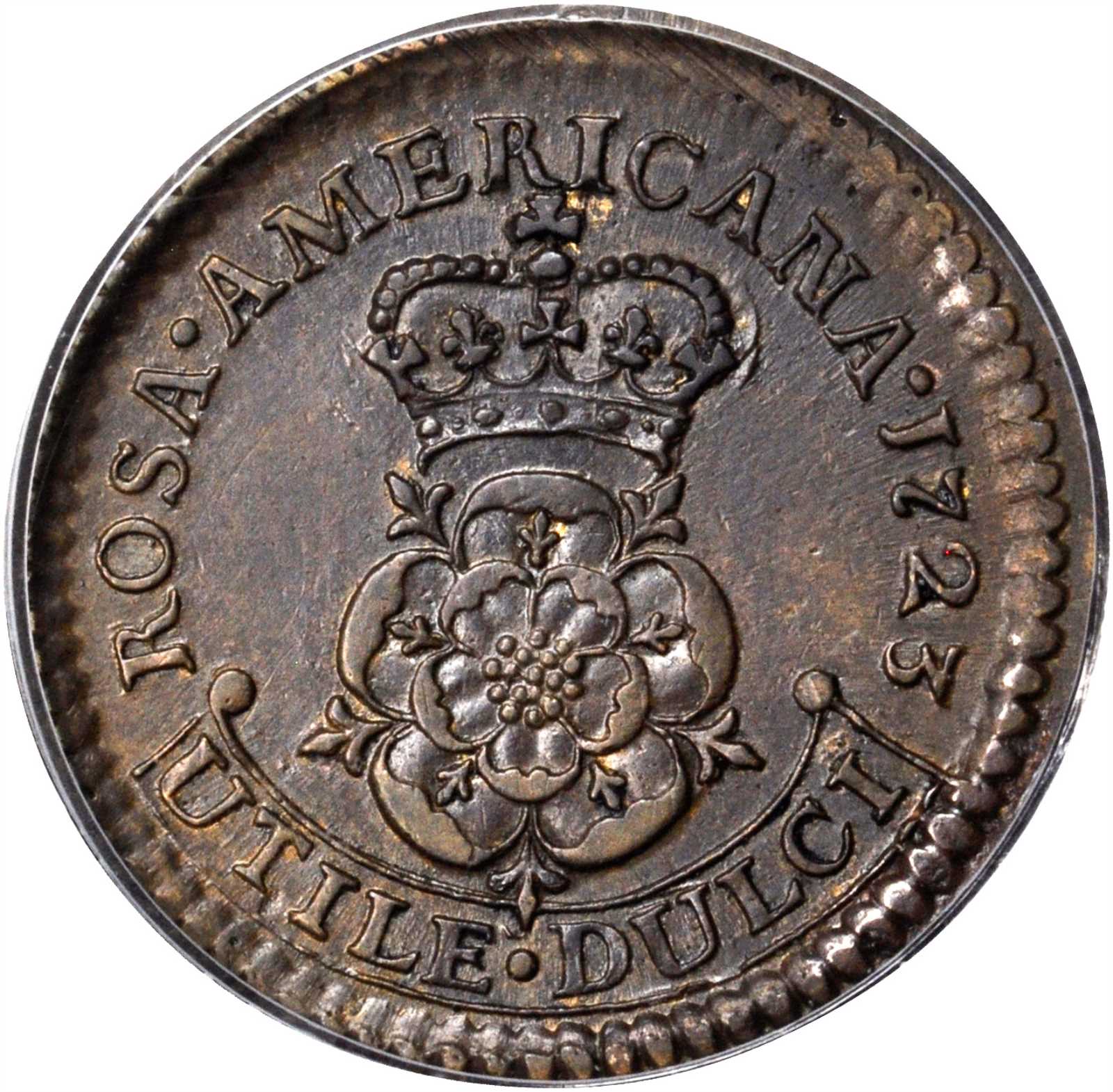 image for: 1723 Rosa Americana Halfpenny. Martin 3.7-F.1, W-1236. Rarity-4. Crowned Rose. AU-58 (PCGS).