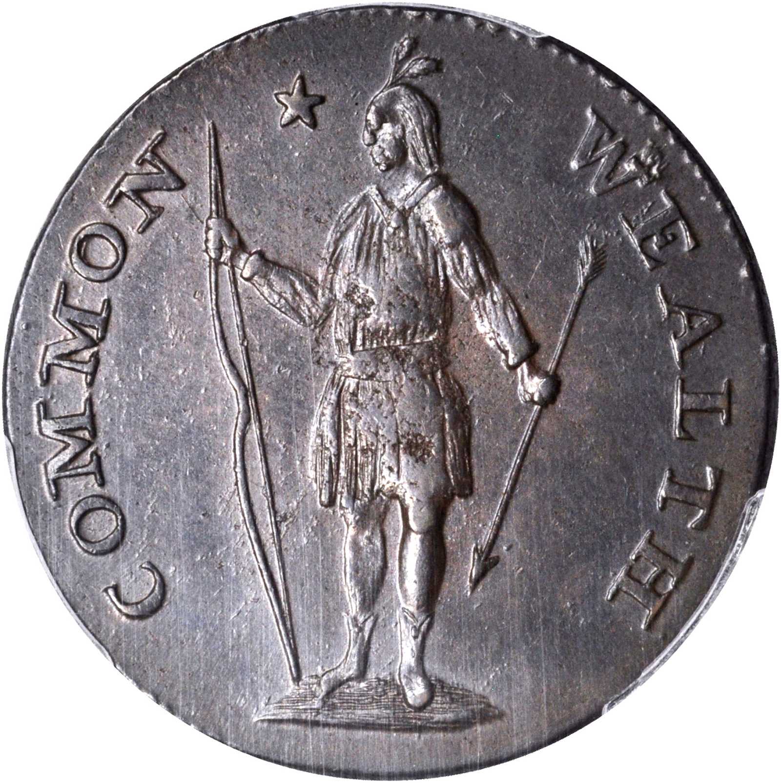 1787 Massachusetts Cent. Ryder 4-D, W-6110. Rarity-3+. Bowed Head, Arrows in Left Talon. MS-63 BN (PCGS).