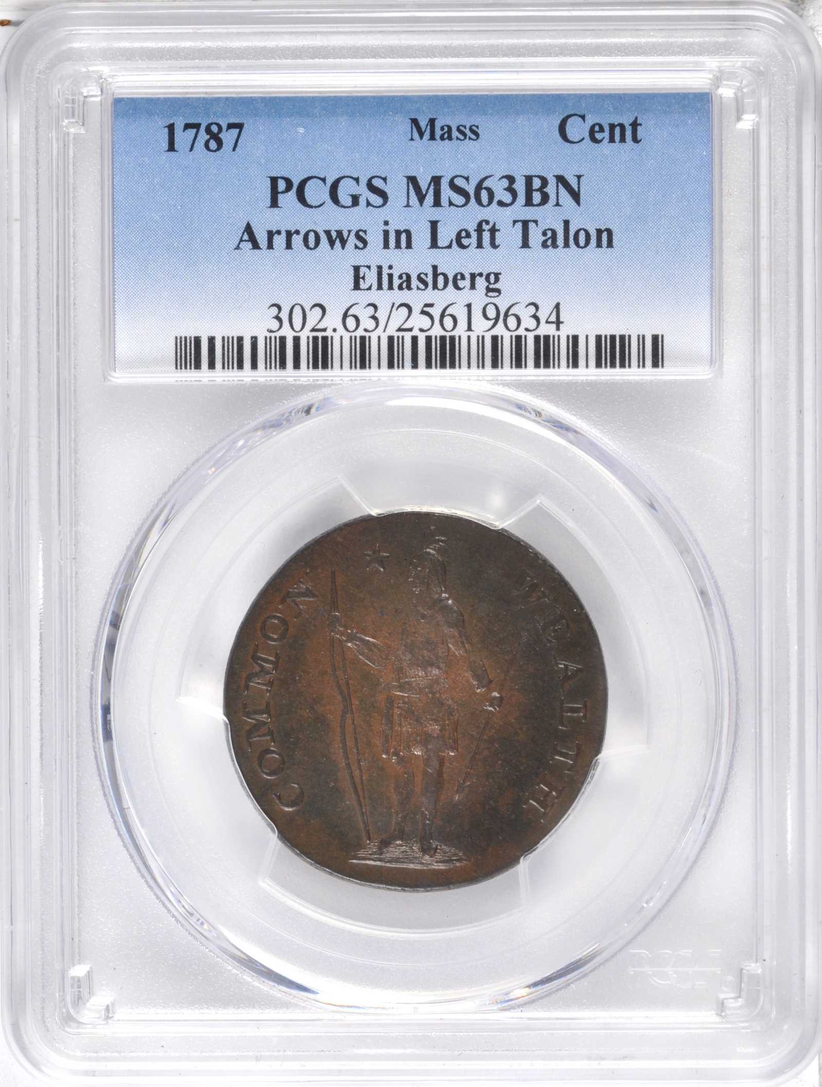 1787 Cent Massachusetts, Left Arrows MS BN MS63 BN thumbnail 4
