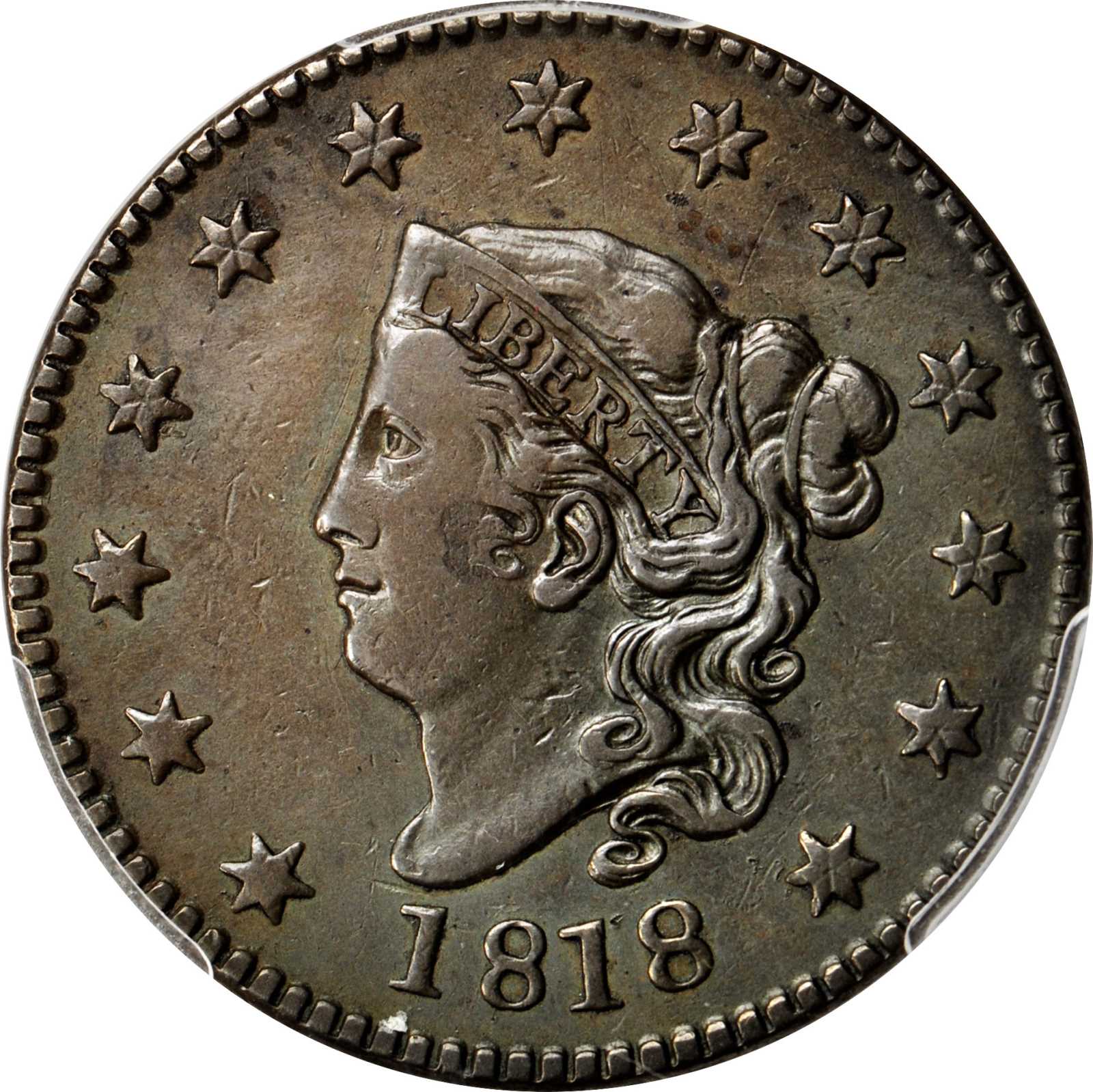 image for: 1818 Matron Head Cent. N-2. Rarity-4. Noyes Die State-C/D. EF Details�Cleaning (PCGS).