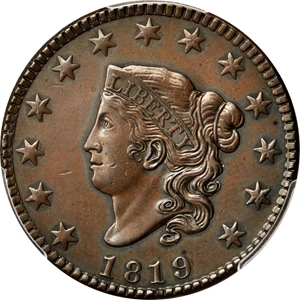 image for: 1819 Matron Head Cent. N-8. Double Profile. Rarity-1. Noyes Die State-A/A. Uncirculated Details�Repaired (PCGS).
