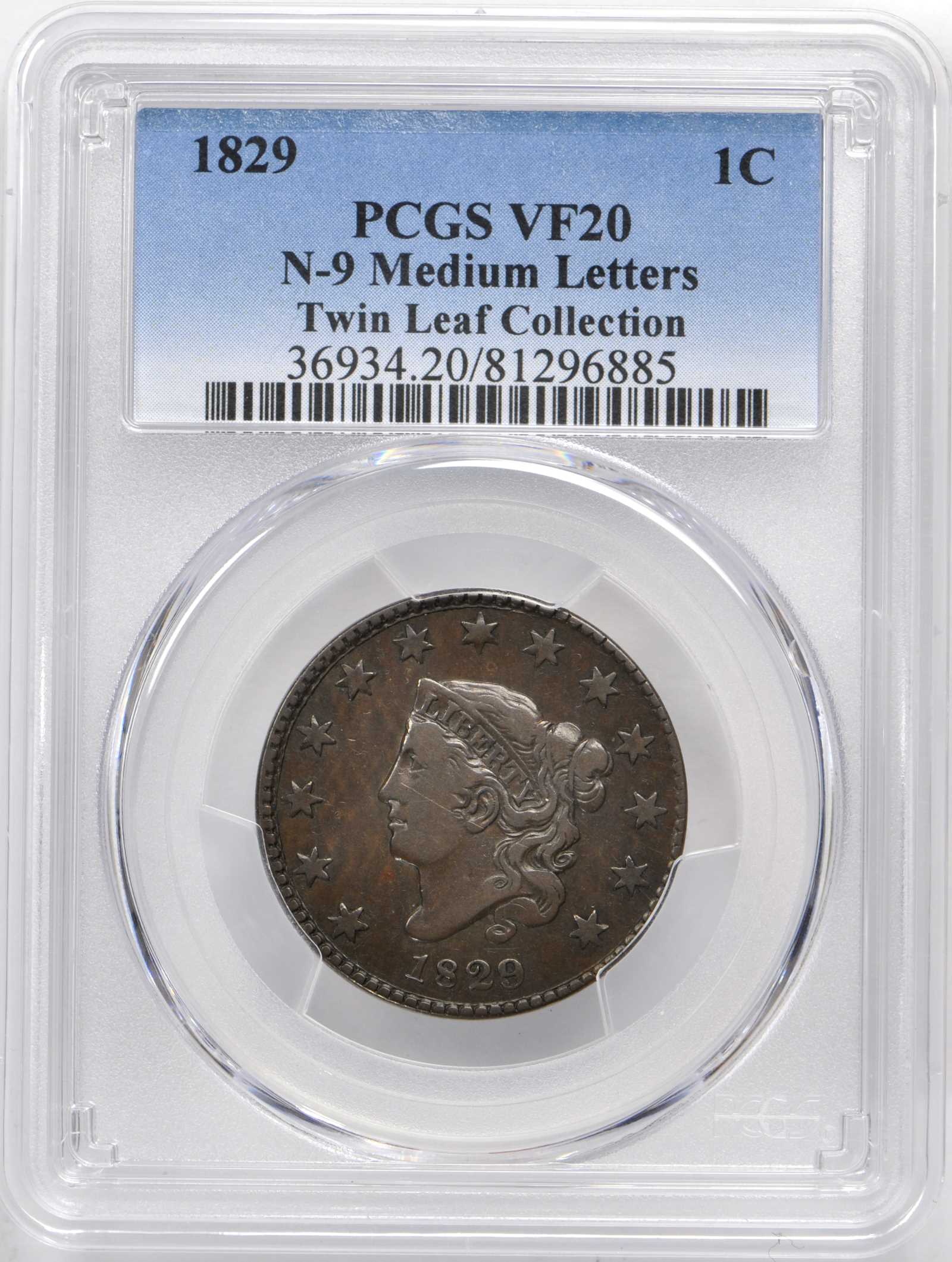 image for: 1829 Matron Head Cent. N-9. Medium Letters. Rarity-4. Noyes Die State-D/A. VF-20 (PCGS).