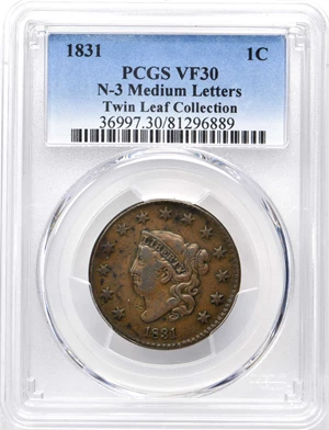 image for: 1831 Matron Head Cent. N-3. Medium Letters. Double Profile. Rarity-1. Noyes Die State-B/C. VF-30 (PCGS).