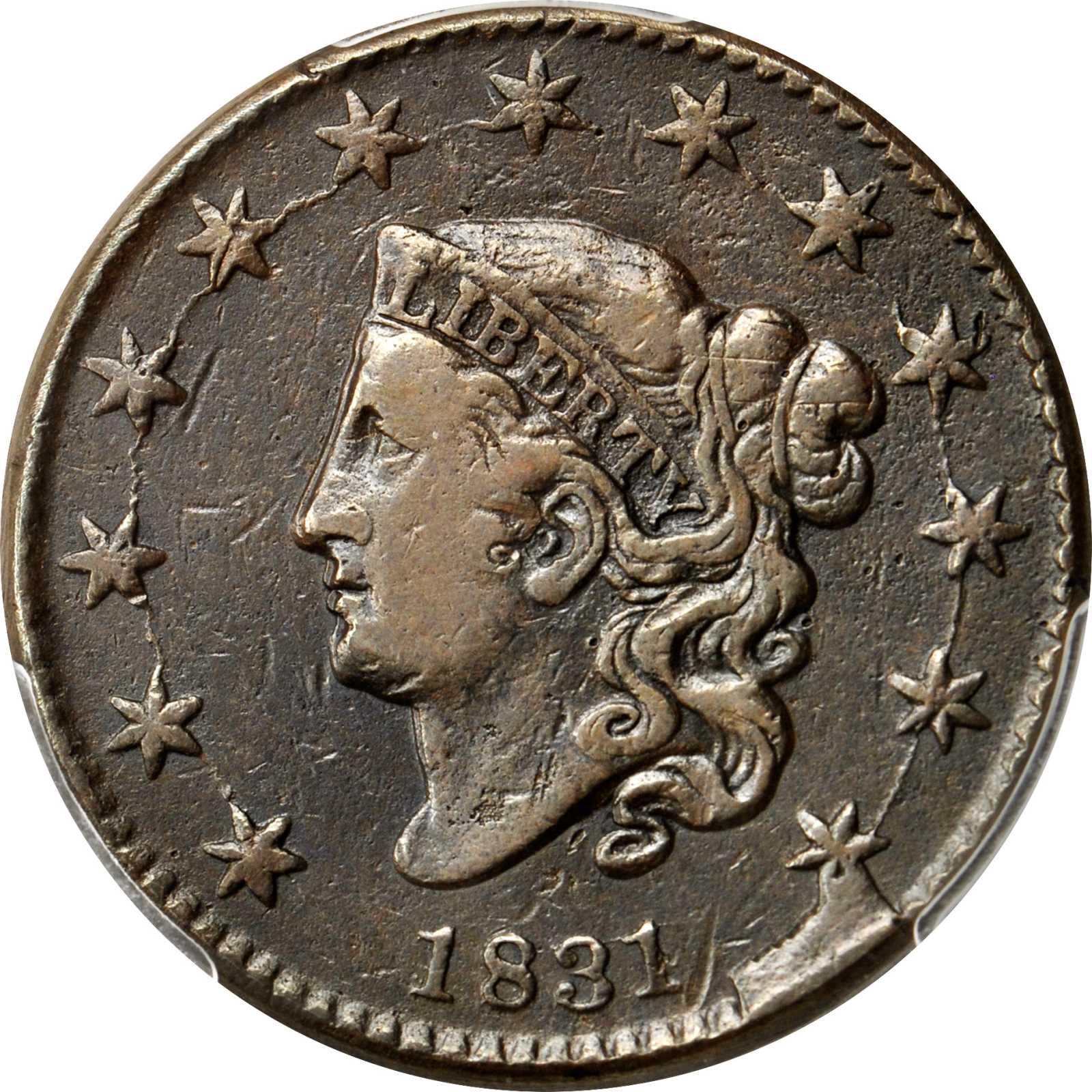 image for: 1831 Matron Head Cent. N-12/1. Large Letters. Double Profile. Rarity-1. Noyes Die State-H/B. VF Details�Environmental Damage (PCGS).