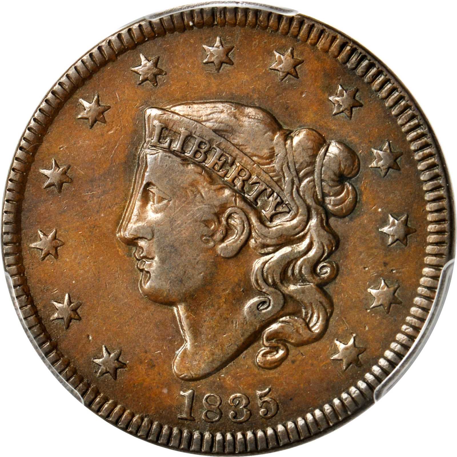 image for: 1835 Matron Head Cent. N-5. Small 8, Small Stars. Double Profile. Rarity-2. Noyes Die State-B/E. VF-30 (PCGS).