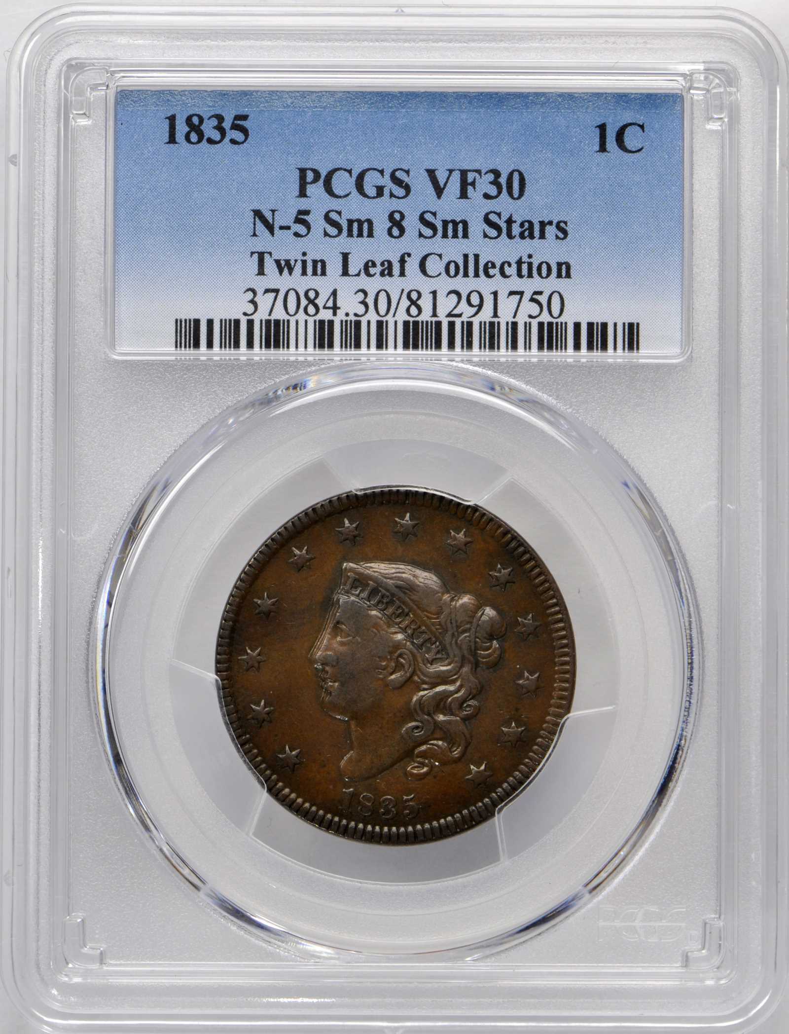 image for: 1835 Matron Head Cent. N-5. Small 8, Small Stars. Double Profile. Rarity-2. Noyes Die State-B/E. VF-30 (PCGS).