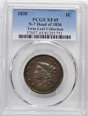 image for: 1835 Matron Head Cent. N-7, 17. Head of 1836. Double Profile. Rarity-1. Noyes Die State-A/A. EF-45 (PCGS).