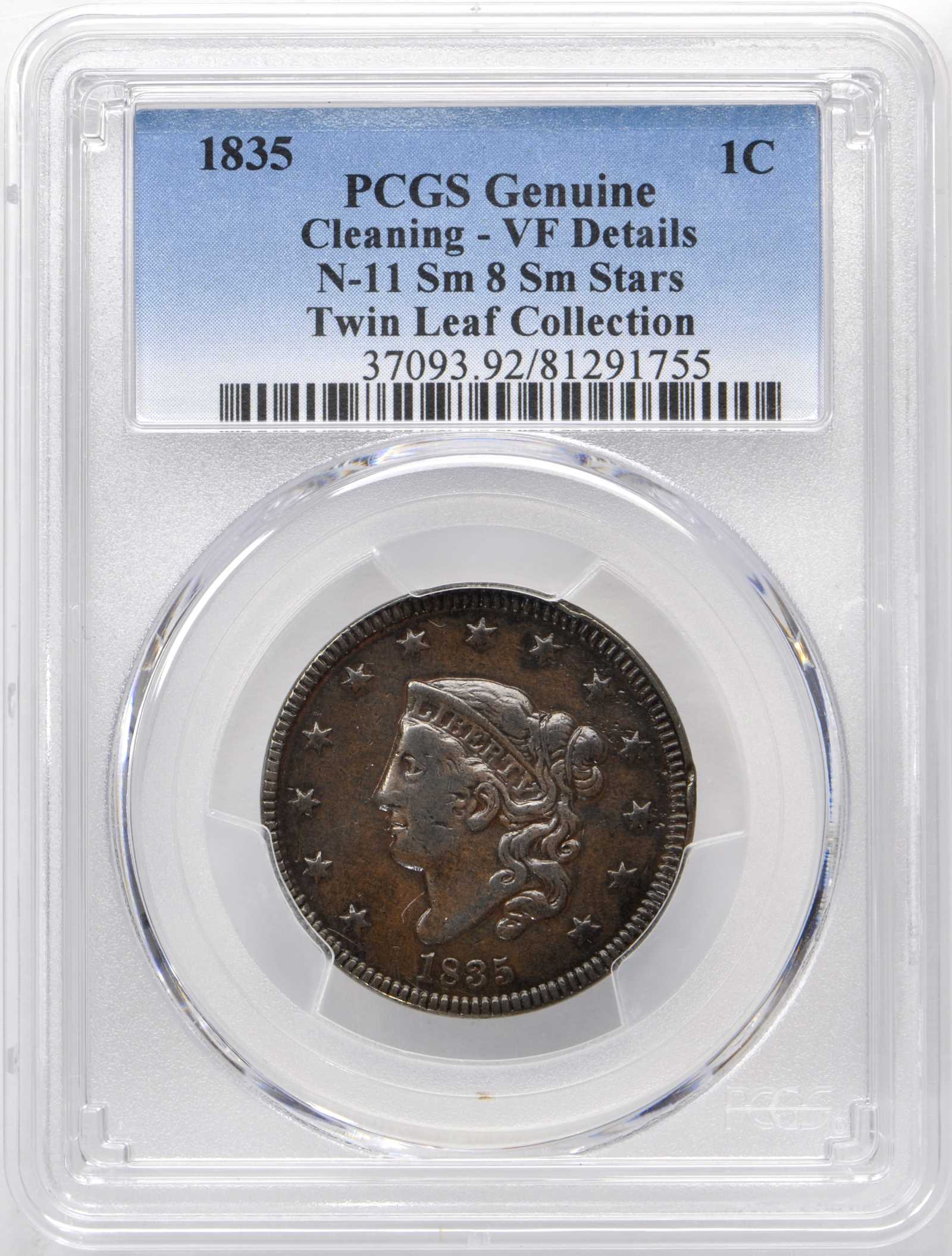 image for: 1835 Matron Head Cent. N-11. Small 8, Small Stars. Rarity-4+. Noyes Die State-B/B. VF Details�Cleaning (PCGS).