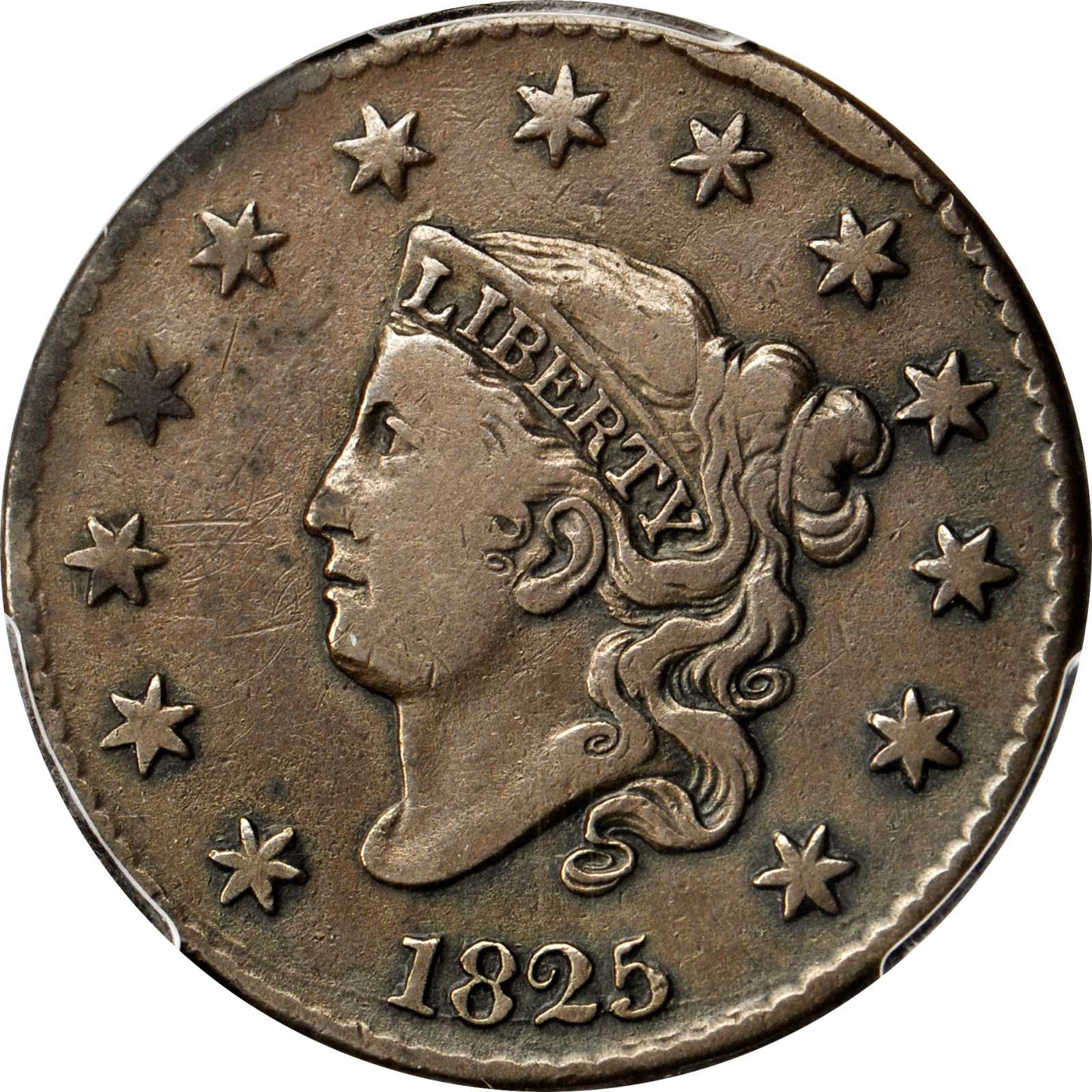 image for: 1825 Matron Head Cent. N-1. Rarity-4. Noyes Die State-C/A. VG Details�Graffiti (PCGS).