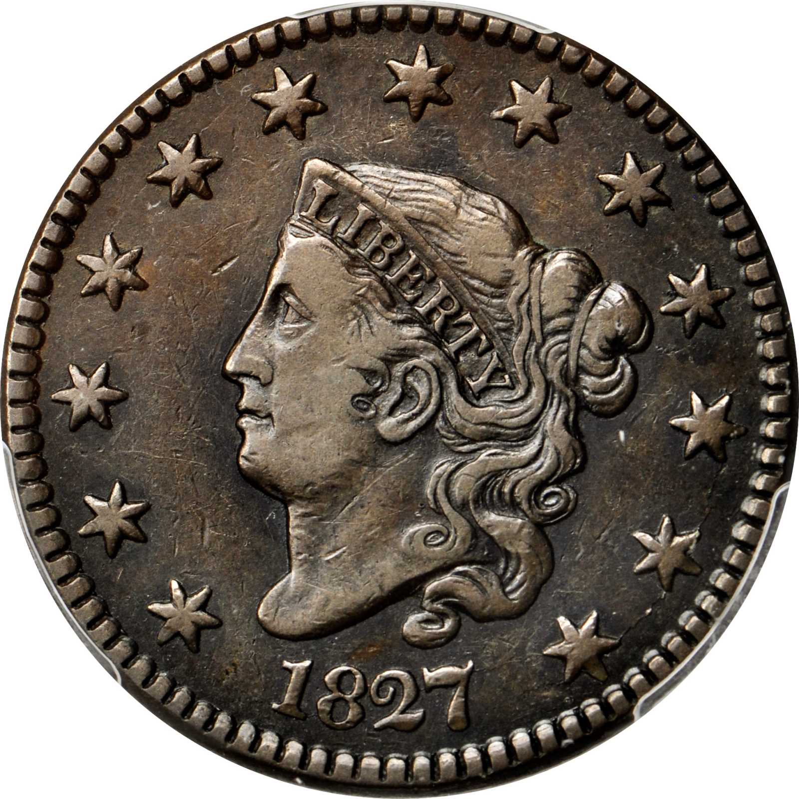 image for: 1827 Matron Head Cent. N-6. Rarity-3. Noyes Die State-C/A. VF-35 (PCGS).