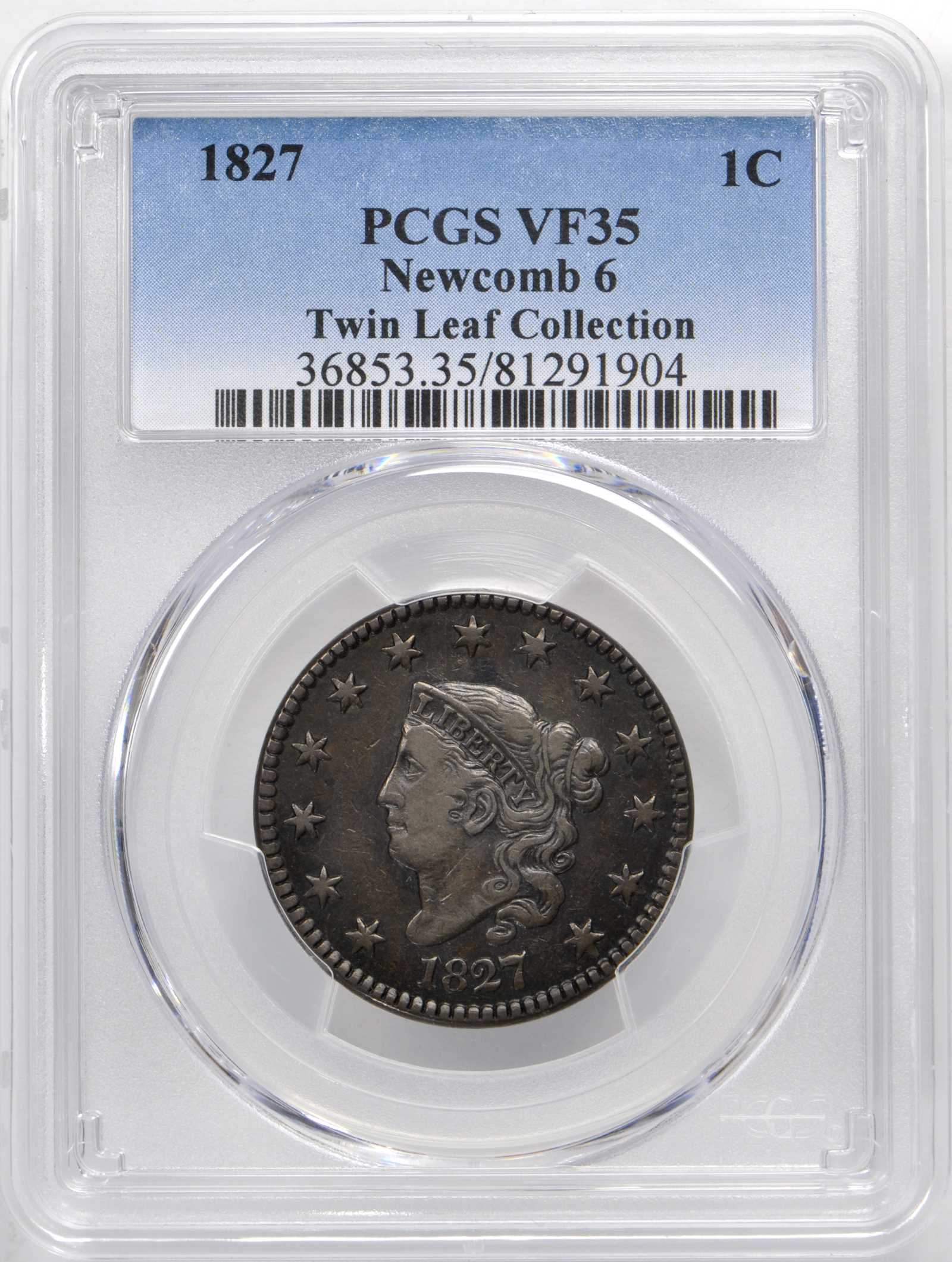 image for: 1827 Matron Head Cent. N-6. Rarity-3. Noyes Die State-C/A. VF-35 (PCGS).