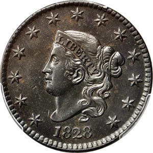 image for: 1828 Matron Head Cent. N-3. Large Narrow Date. Rarity-2. Noyes Die State-C/A. EF Details�Cleaning (PCGS).