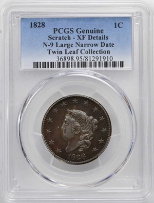 image for: 1828 Matron Head Cent. N-9. Large Narrow Date. Rarity-4. Noyes Die State-A/A. EF Details�Scratch (PCGS).