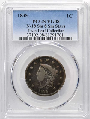 image for: 1835 Matron Head Cent. N-18. Small 8, Small Stars. Rarity-4+. Noyes Die State-C/A. VG-8 (PCGS).