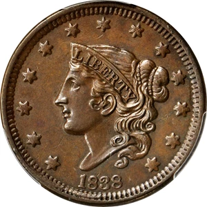 image for: 1838 Modified Matron Head Cent. N-3. Rarity-1. Noyes Die State-A/A. MS-62BN (PCGS).