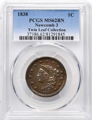 image for: 1838 Modified Matron Head Cent. N-3. Rarity-1. Noyes Die State-A/A. MS-62BN (PCGS).