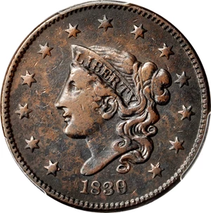 image for: 1839/6 Modified Matron Head Cent. N-1. Plain Hair Cords. Rarity-3. Noyes Die State-A/A. VF Details�Environmental Details (PCGS).