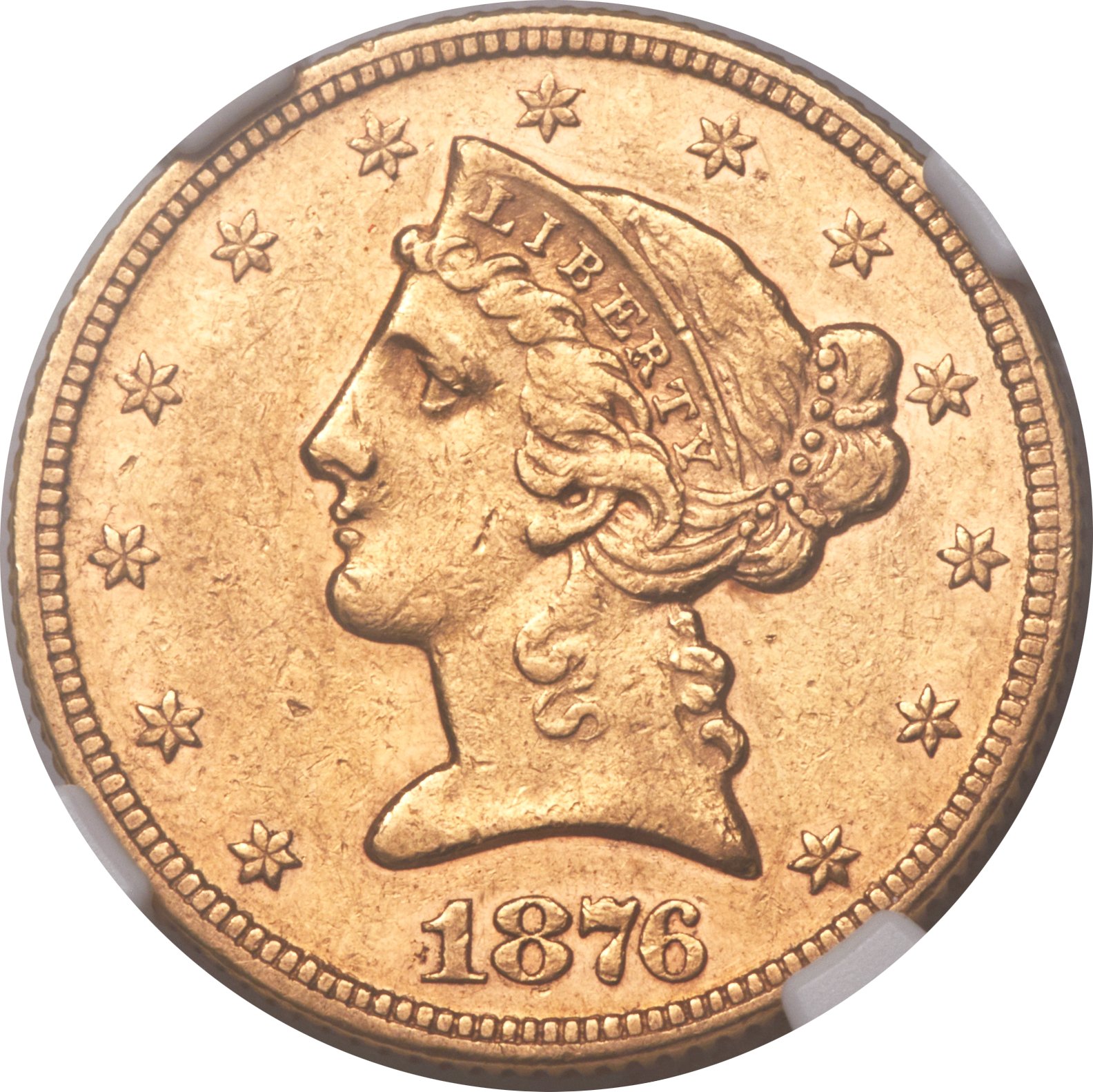 image for: 1876 $5 AU55 NGC....