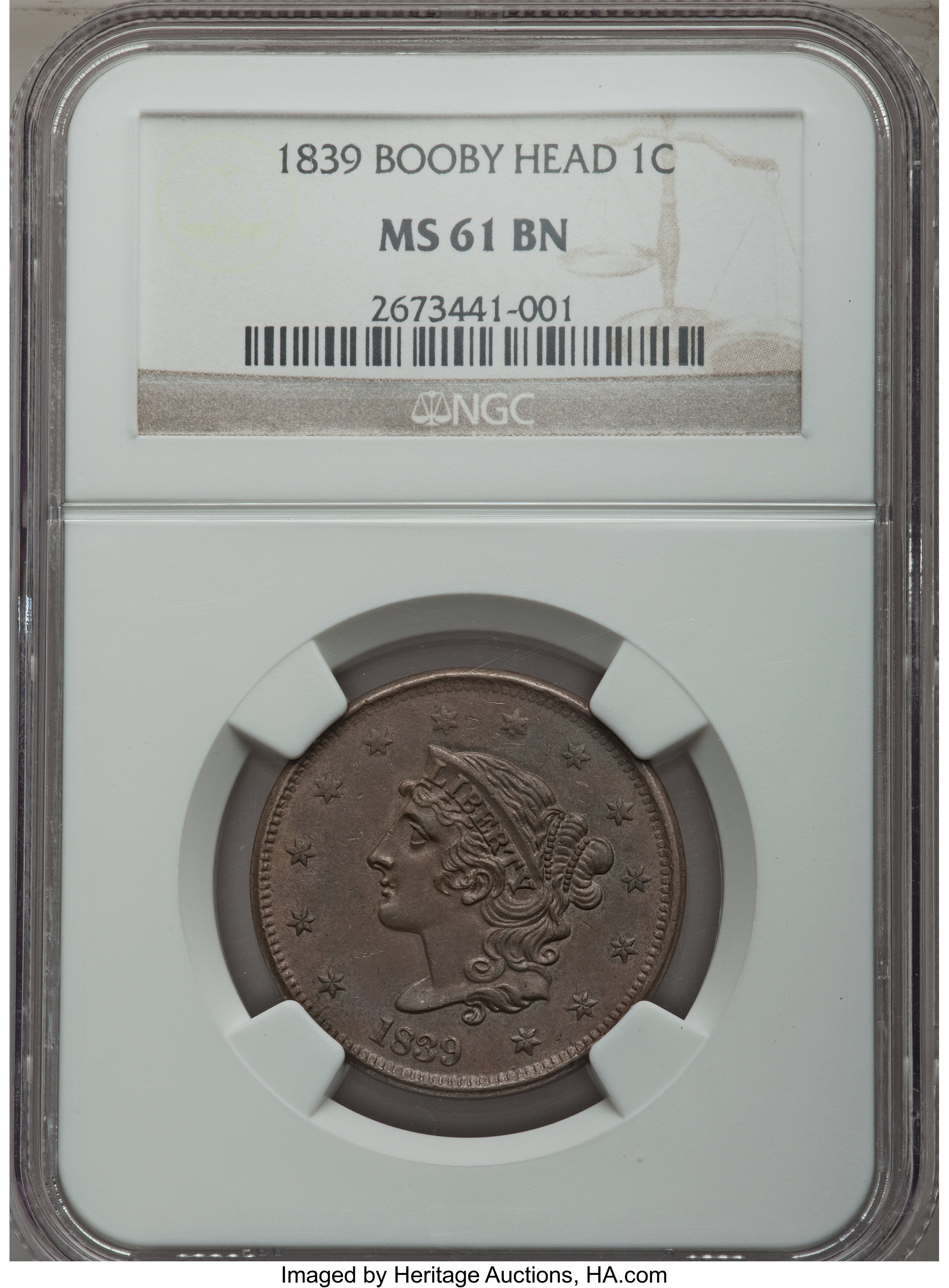 1839 1C Booby Head MS61 Brown NGC. NGC Census: (8/55). PCGS Population: (3/65). Mintage 3,128,661. ...