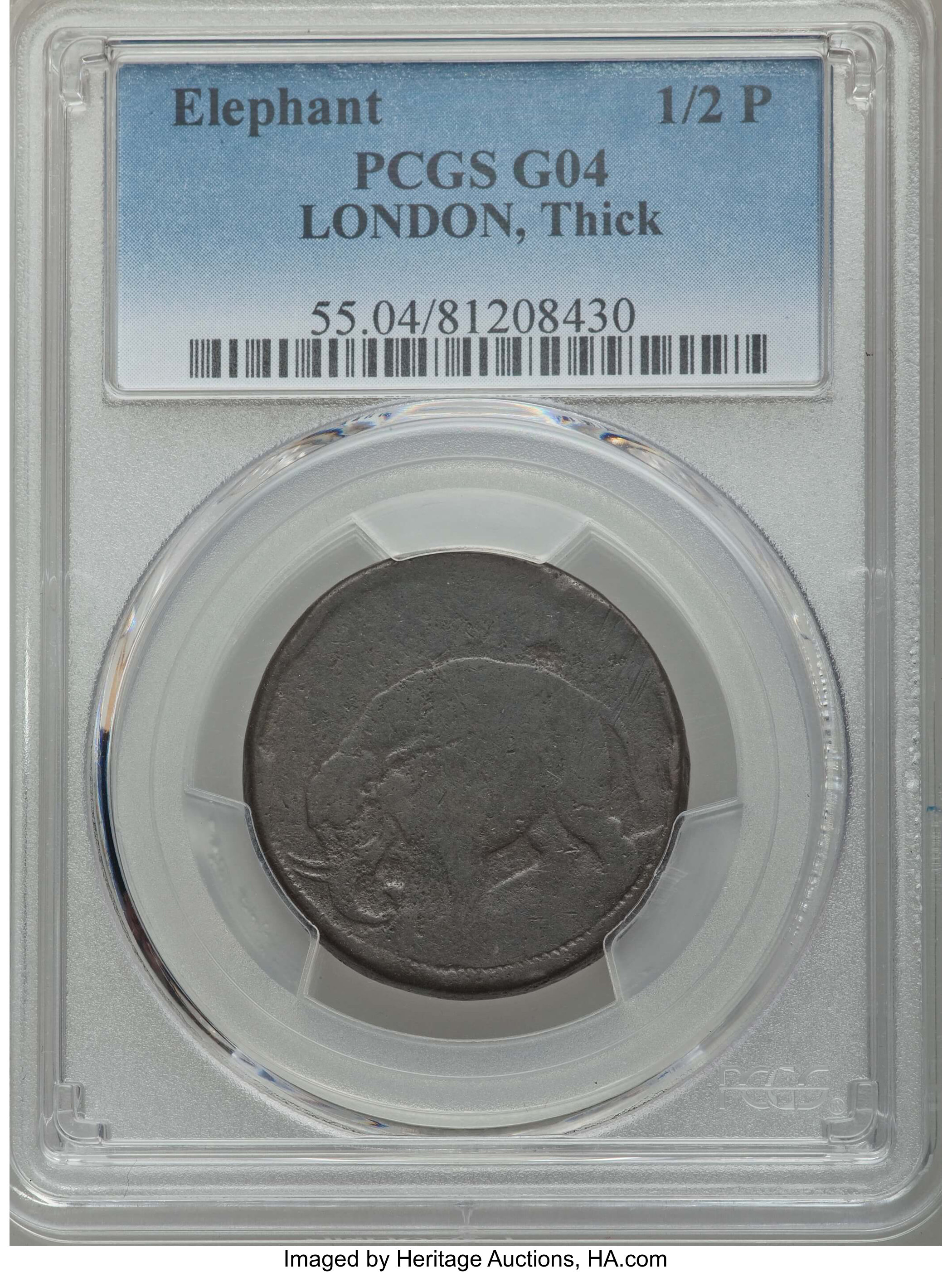 (1694) 1/2 P London Elephant Token, Thick Planchet, Good 4 PCGS. PCGS Population: (4/198). NGC Census: (1/51). ...