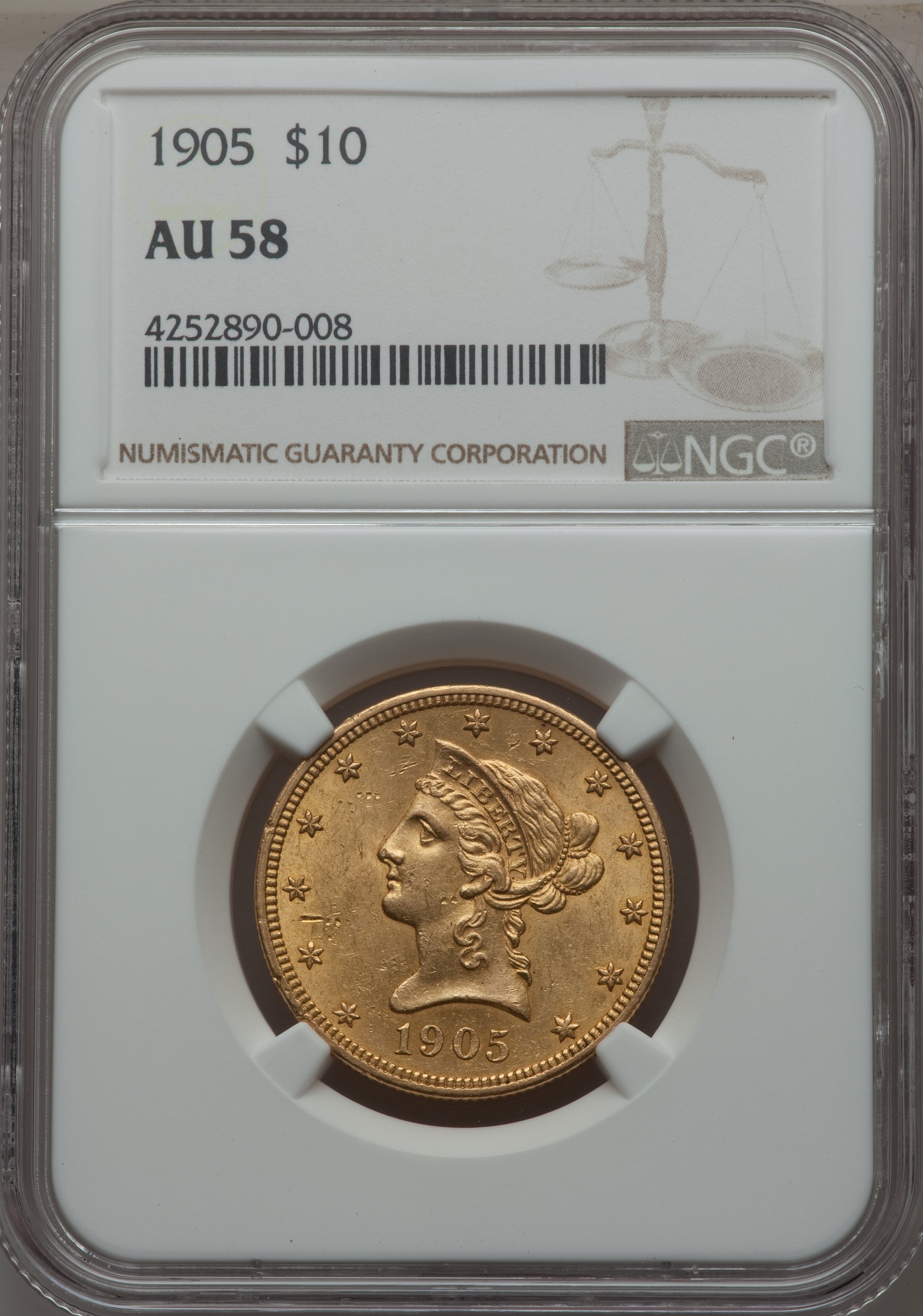 1905 $10 AU58 NGC. NGC Census: (111/2152). PCGS Population: (146/1304). CDN: $630 Whsle. Bid for problem-free NGC/PCGS AU58...
