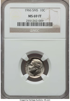 image for: 1966 10C SMS MS69 Full Bands NGC. NGC Census: (0/0). PCGS Population: (4/0). Mintage 2,260,000....