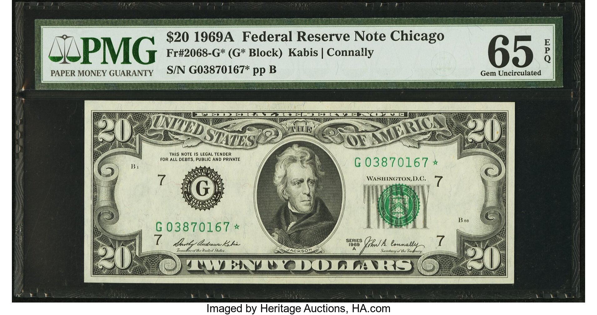 image for: Fr. 2068-G* $20 1969A Federal Reserve Star Note. PMG Gem Uncirculated 65 EPQ....