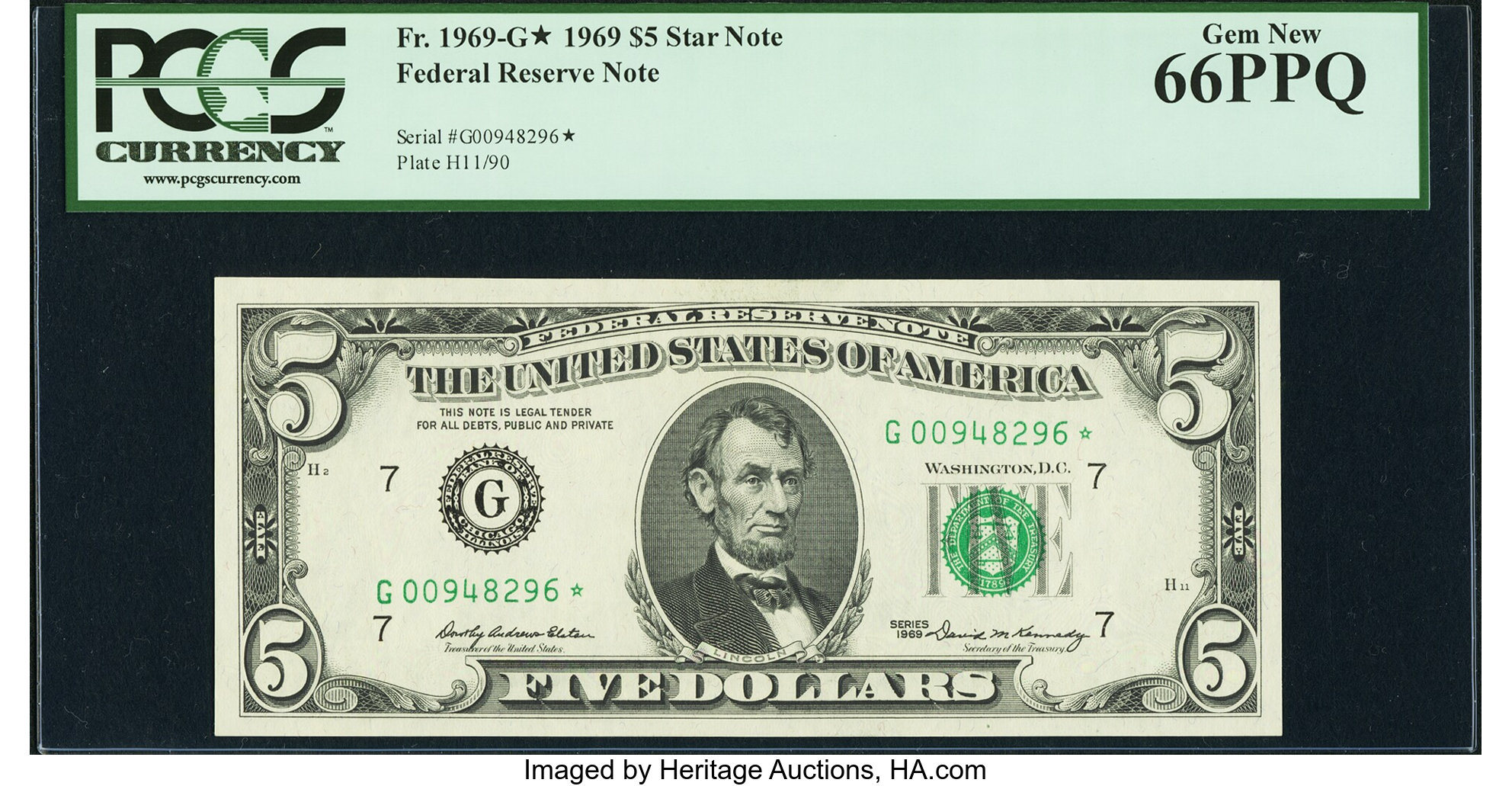 image for: Fr. 1969-G* $5 1969 Federal Reserve Star Note. PCGS Gem New 66PPQ....