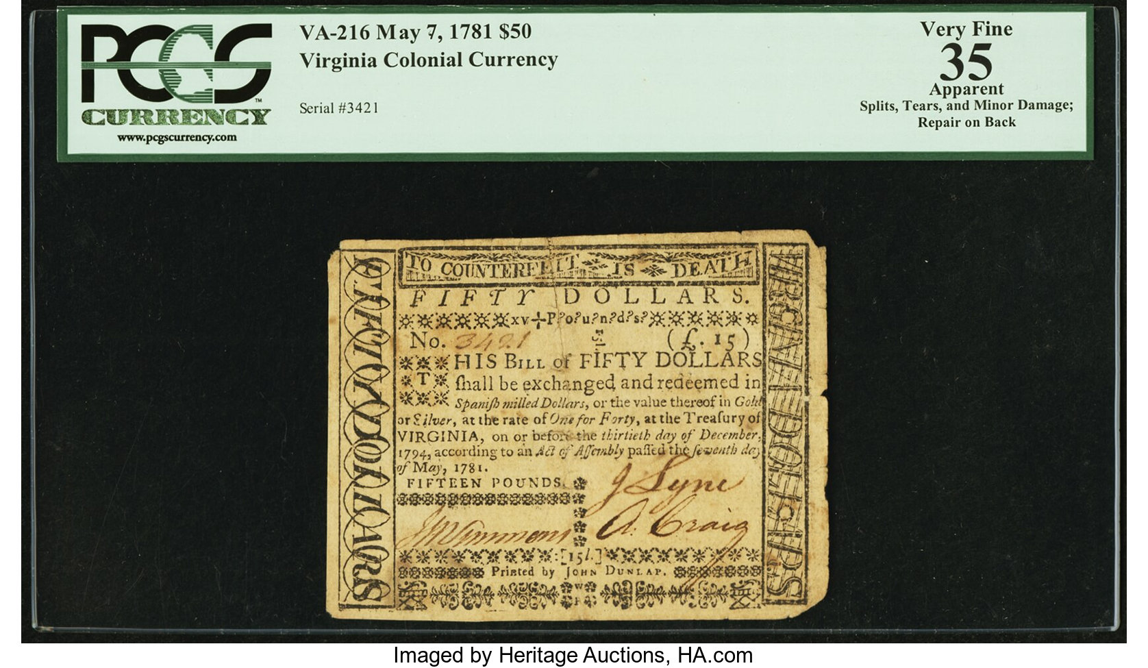 image for: Virginia May 7, 1781 $50 PCGS Apparent Very Fine 35....