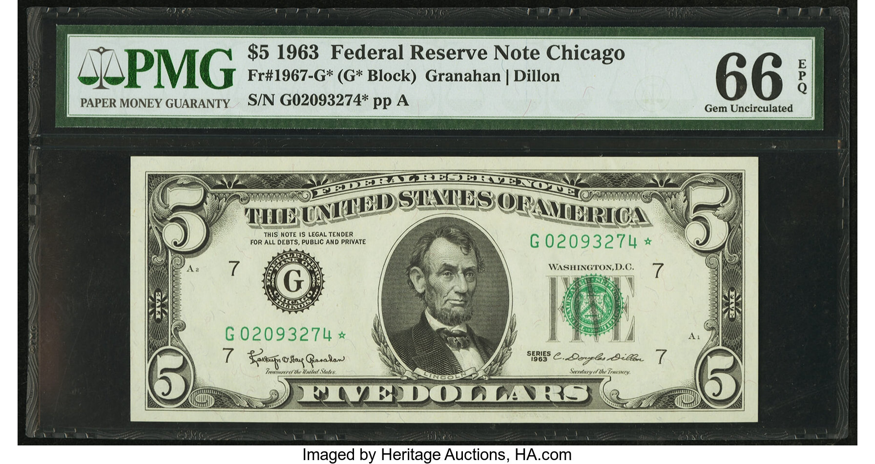 image for: Fr. 1967-G* $5 1963 Federal Reserve Star Note. PMG Gem Uncirculated 66 EPQ....