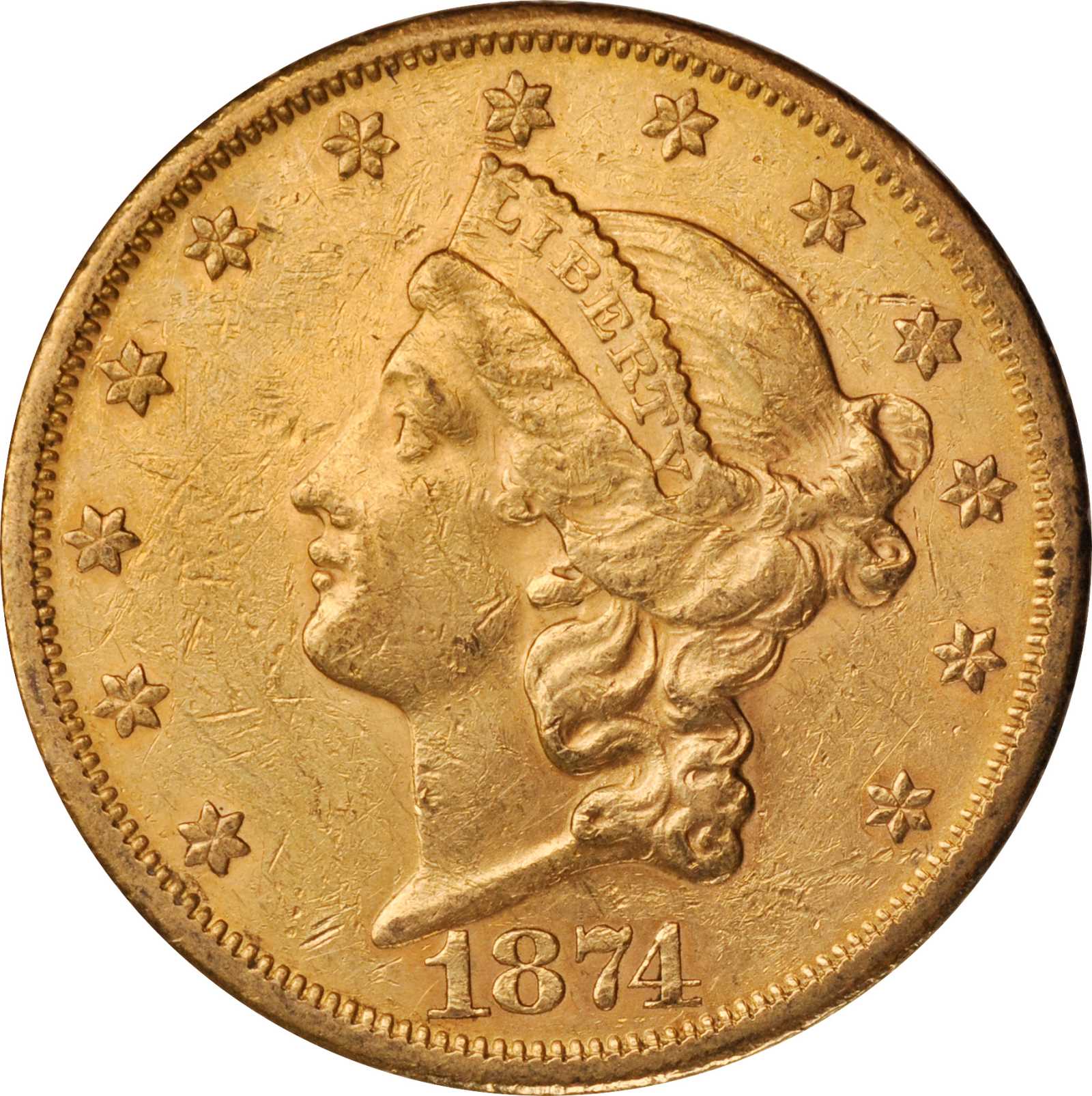 1874-S Liberty Head Double Eagle. About Uncirculated, Graffiti (Uncertified).