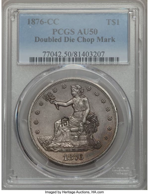 image for: 1876-CC T$1 Doubled Die Reverse, FS-801, Chop Mark, AU50 PCGS....