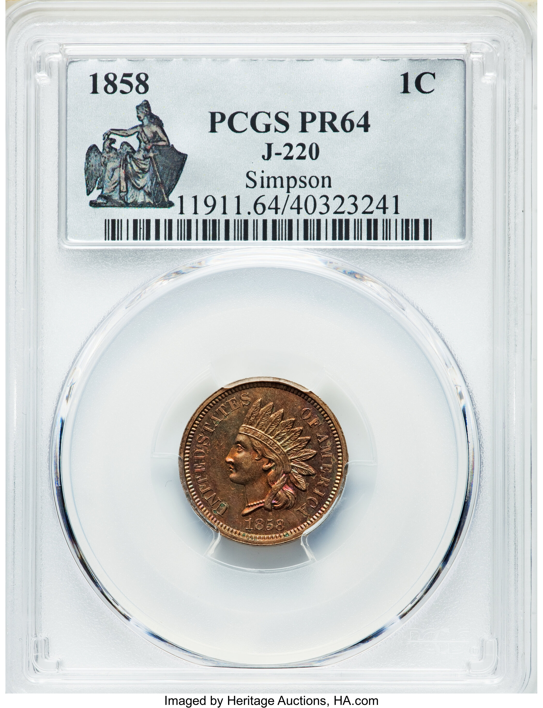 image for: 1858 P1C Flying Eagle/Indian Cent, Judd-220, Pollock-250, Unique, PR63 PCGS....