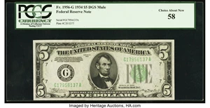 image for: Fr. 1956-G $5 1934 Federal Reserve Note. PCGS Choice About New 58....