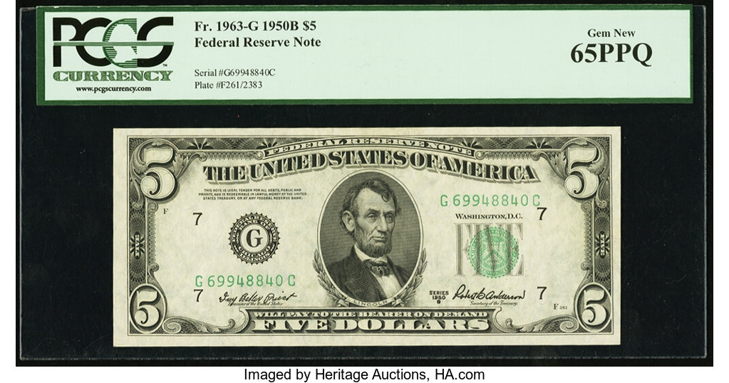 image for: Fr. 1963-G $5 1950B Federal Reserve Note. PCGS Gem New 65PPQ....