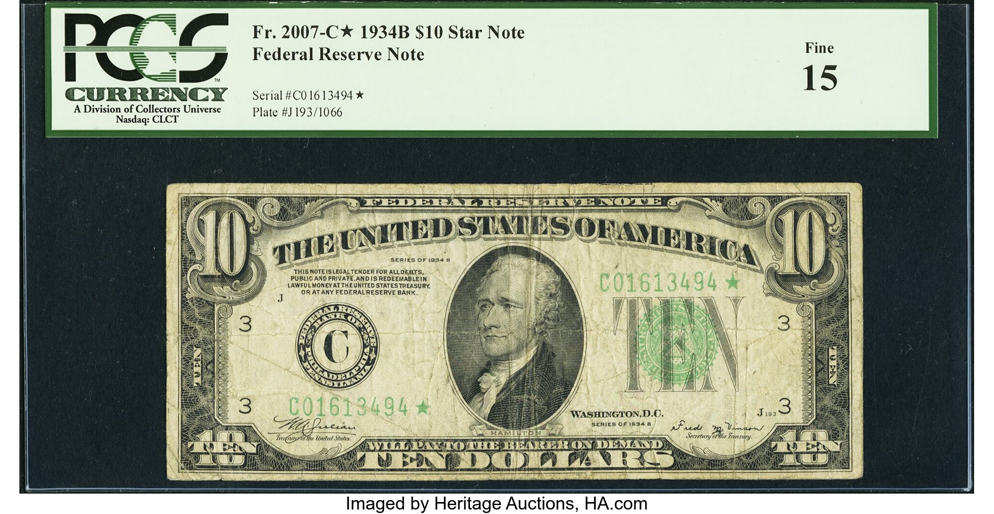 image for: Fr. 2007-C* $10 1934B Federal Reserve Note. PCGS Fine 15....