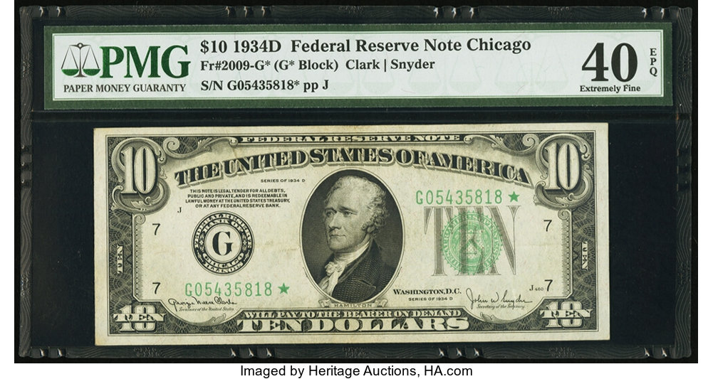 image for: Fr. 2009-G* $10 1934D Federal Reserve Star Note. PMG Extremely Fine 40 EPQ....