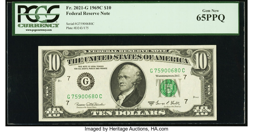 image for: Fr. 2021-G $10 1969C Federal Reserve Note. PCGS Gem New 65PPQ....