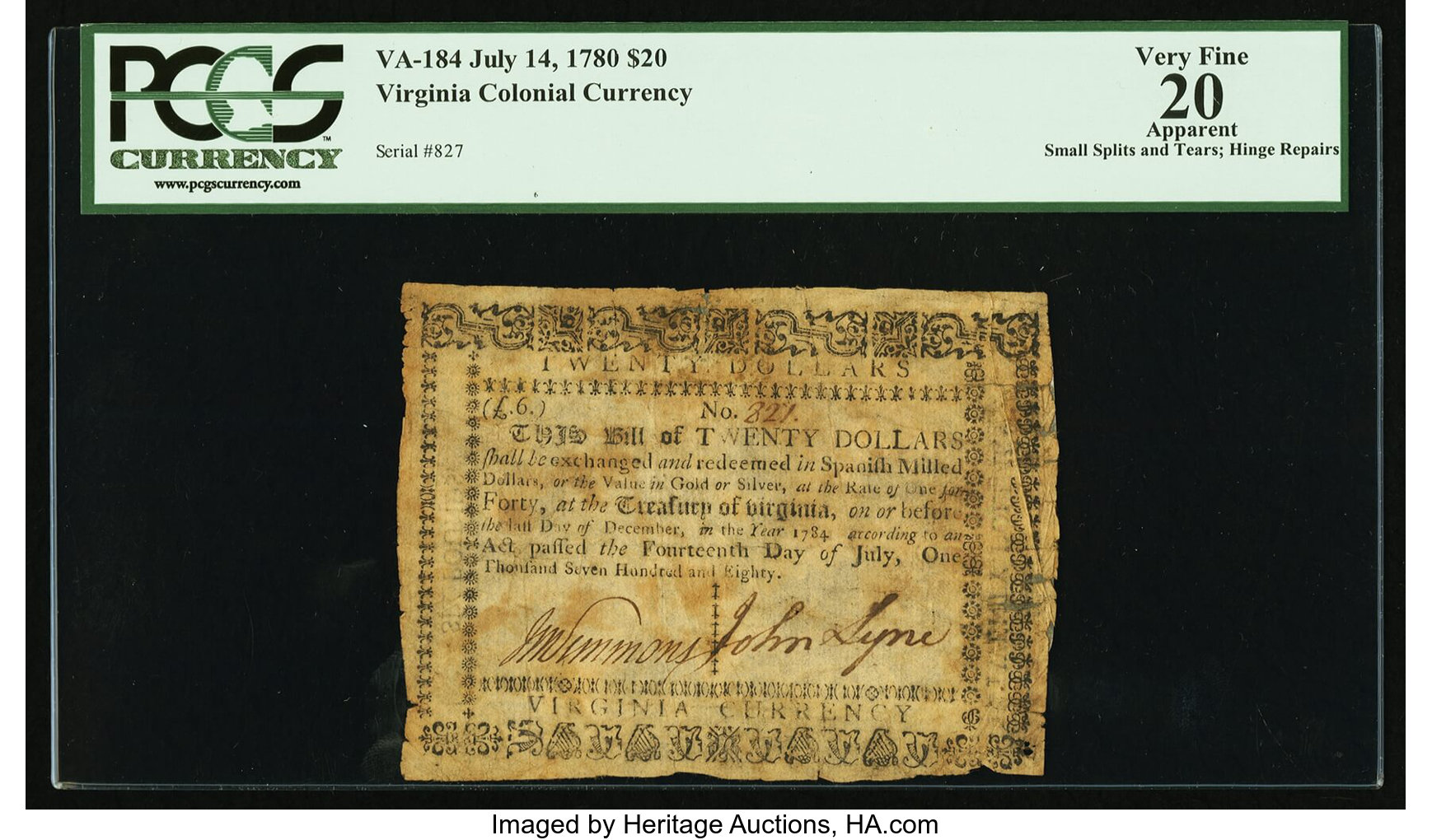 image for: Virginia July 14, 1780 $20 PCGS Apparent Very Fine 20....