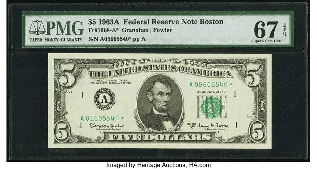 image for: Fr. 1968-A* $5 1963A Federal Reserve Star Note. PMG Superb Gem Unc 67 EPQ....