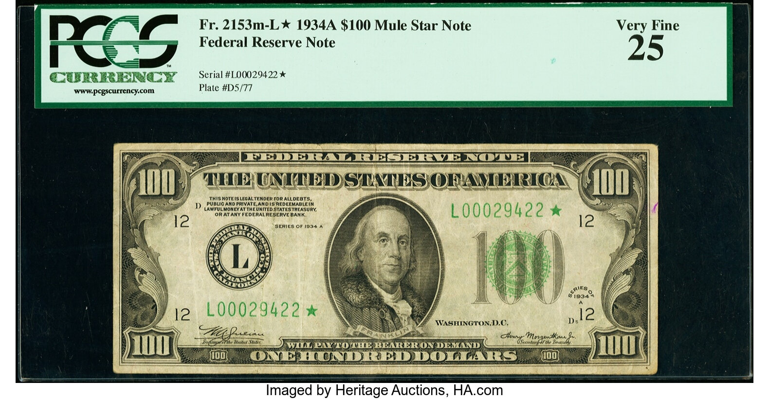 image for: Fr. 2153-L* $100 1934A Mule Federal Reserve Star Note. PCGS Very Fine 25....