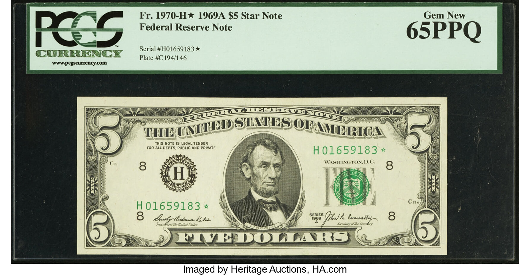 image for: Fr. 1970-H* $5 1969A Federal Reserve Note. PCGS Gem New 65PPQ....