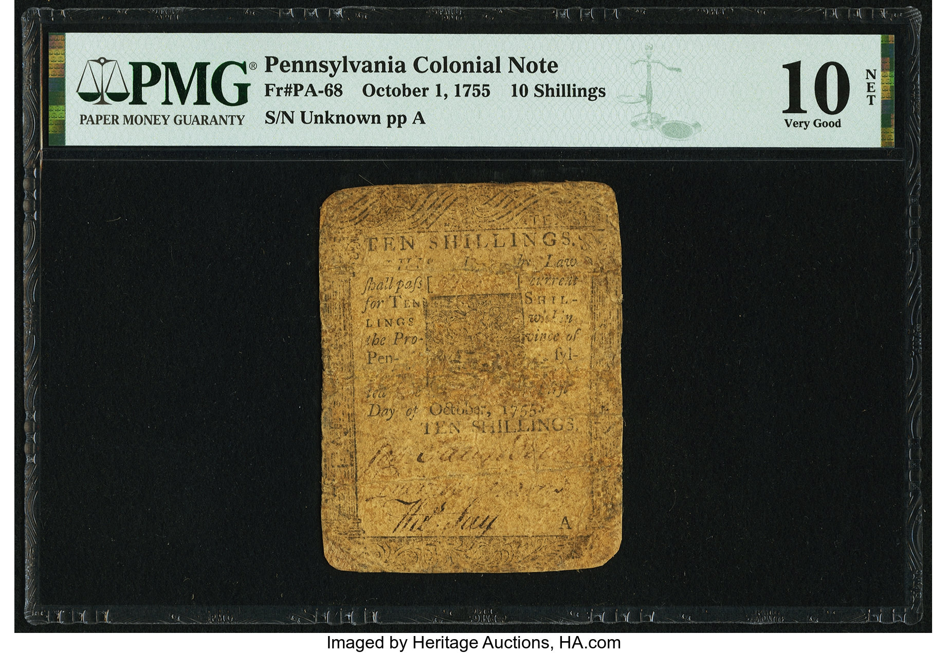 image for: Pennsylvania October 1, 1755 10s PMG Very Good 10 Net....