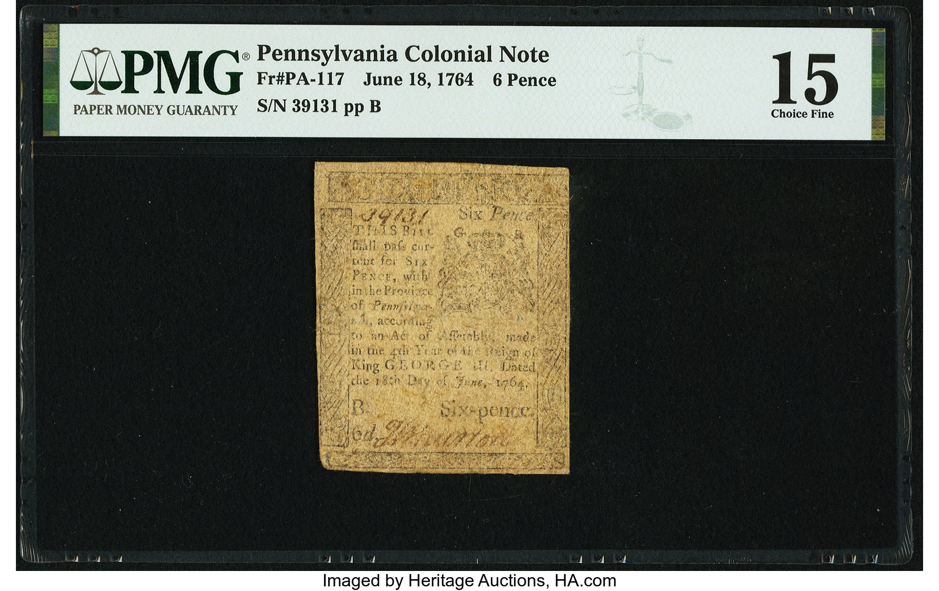 image for: Pennsylvania June 18, 1764 6d PMG Choice Fine 15....