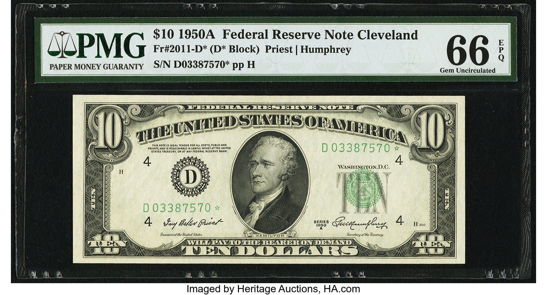 image for: Fr. 2011-D* $10 1950A Federal Reserve Note. PMG Gem Uncirculated 66 EPQ....