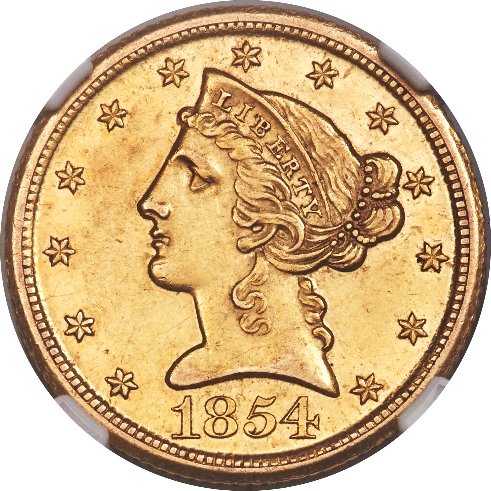 image for: 1854-D $5 Medium D AU55 NGC. Variety 37-CC....