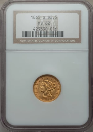 image for: 1865-S $2 1/2 MS62 NGC....