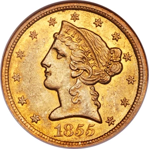 image for: 1855-O $5 MS61 NGC. Variety 2,...