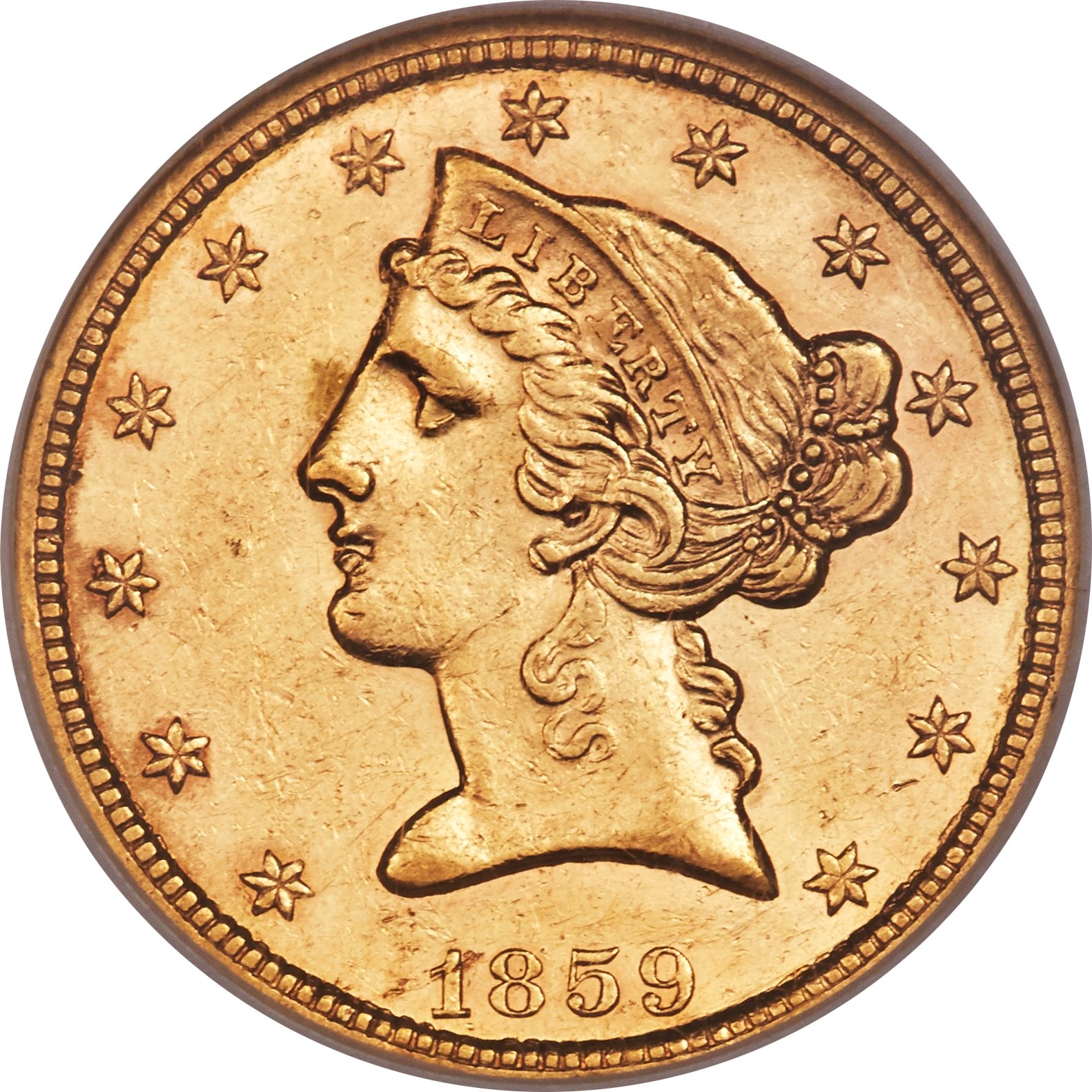 image for: 1859-S $5 AU58 NGC....