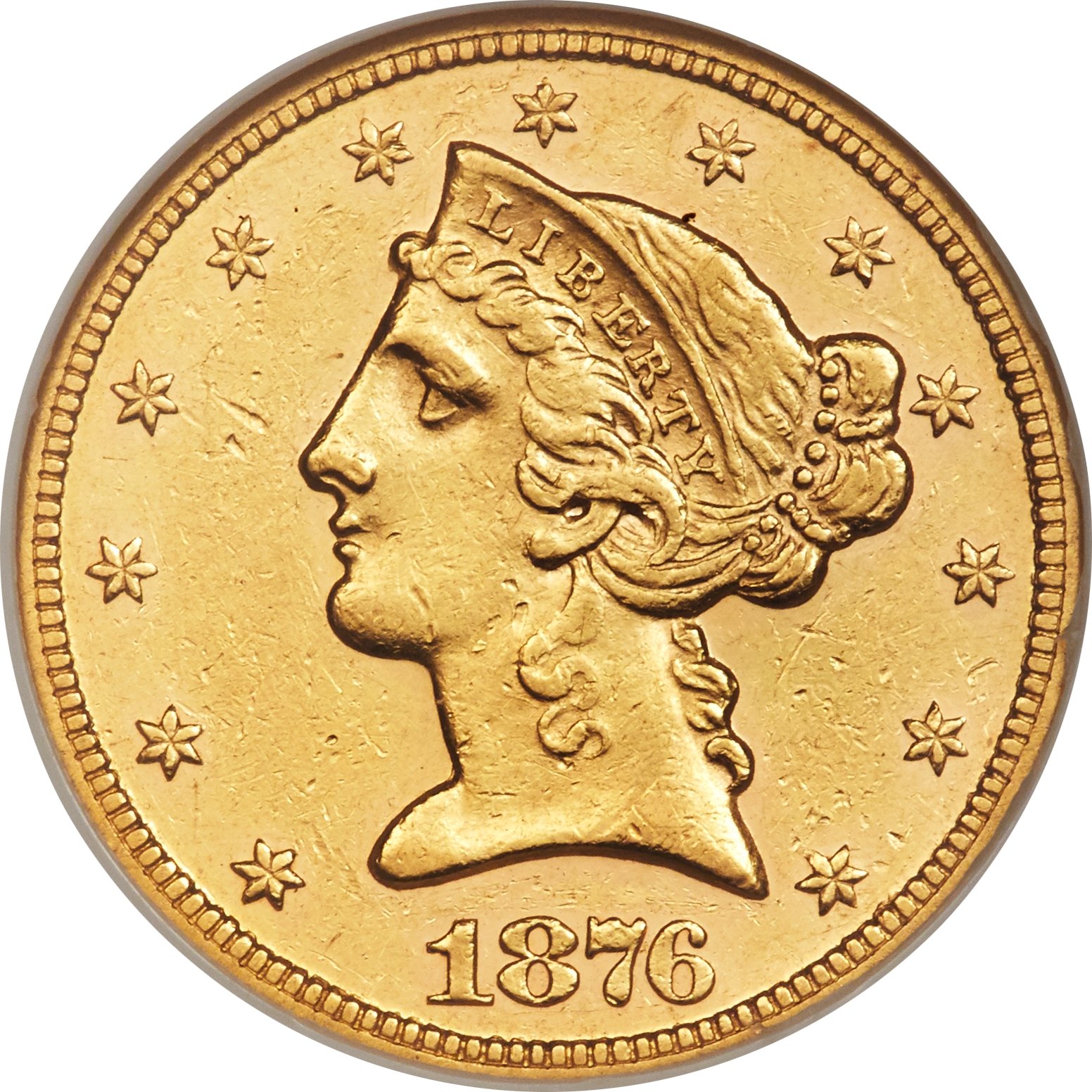 image for: 1876 $5 AU53 NGC....